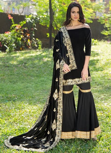 Black Velvet Gharara Suit With Embroidered Shawl Dupatta Lashkaraa Pakistani Dress Design