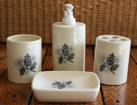 Wondering about what exactly a bathroom accessories set is and why you need one? New Pine Cone Cabin Bathroom Set of 4 Toothbrush Holder ...