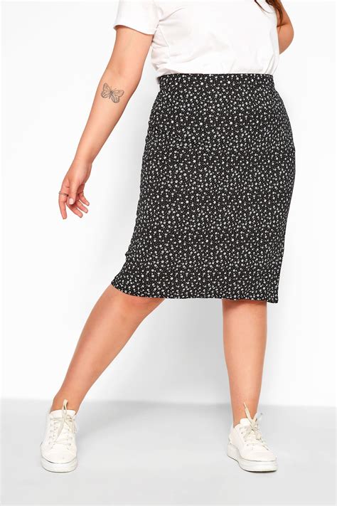 Black Ditsy Floral Spot Midi Tube Skirt Yours Clothing