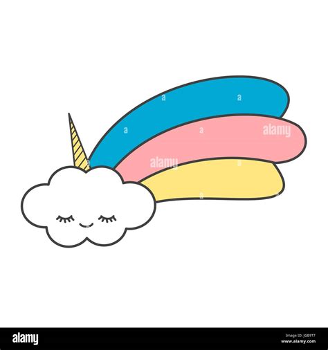 Cute Cartoon Unicorn Cloud With Rainbow Funny Vector Illustration Stock
