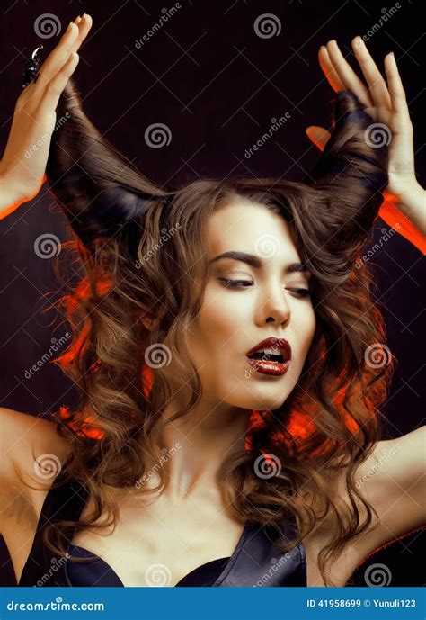 Bright Mysterious Woman With Horn Hair Stock Image Image Of