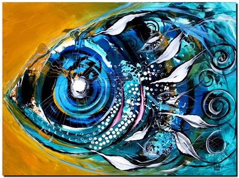 Large contemporary art showcases five rockfish hiding in a garden of undersea poppy flowers. "Ochre Fish Four" (2015) | World-renowned Artist, J ...