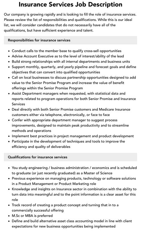 Insurance Services Job Description | Velvet Jobs