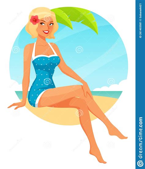 Oung Blonde Woman In 50s Swimwear Smiling And Sitting On The Beach