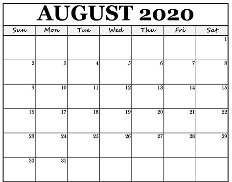 Fillable August 2020 Calendar Fillable Calendar Free Printable