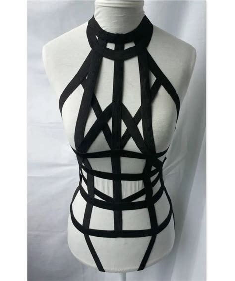 Fashion Goth Elastic Mesh Strap Women Bust Bondage Suit Gothic Club