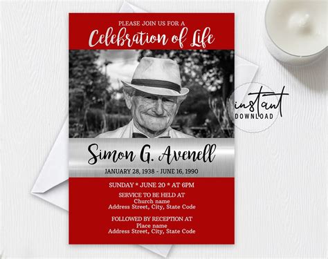Editable Funeral Invitation Celebration Of Life Obituary Program Red