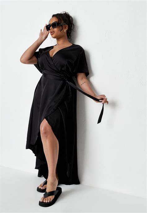 Plus Size Black Satin Ruffle Wrap Maxi Dress Missguided
