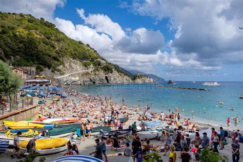 Tourists At Crowded Beach Monterosso Al Mare Italy Editorial