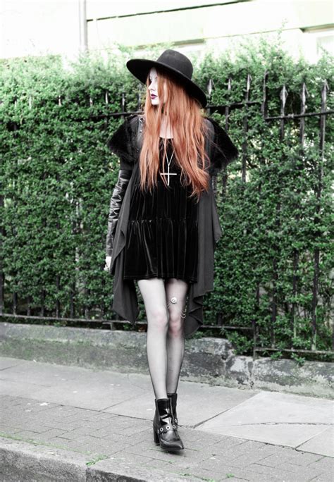 Olivia Emily Wears Asos Reclaimed Vintage Tiered Black Velvet Dress Killstar Witch Brim Hat