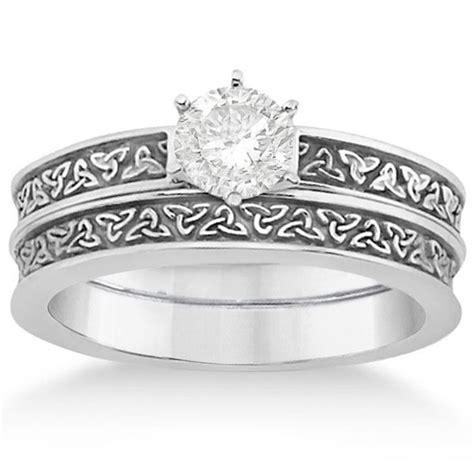 Carved Irish Celtic Engagement Ring And Wedding Band Set 14k White Gold