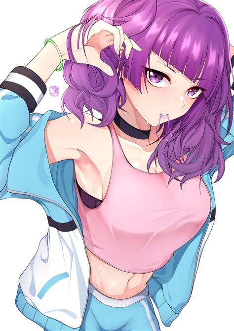 Purple Hair Purple Eyes Looking At Viewer Belly Anime Girls The
