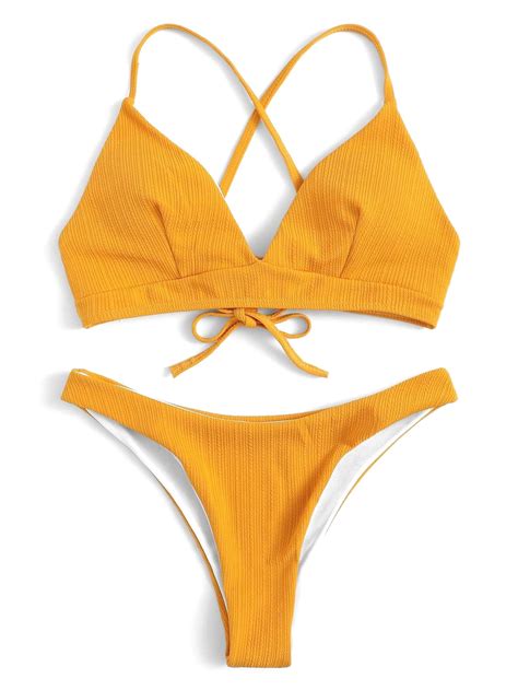 Yellow Swimsuit Crisscross Knotted Back Cami Top Texture Bikini Bottom