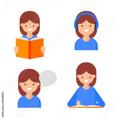 Reading Writing Speaking Listening Language Learning Icons Flat