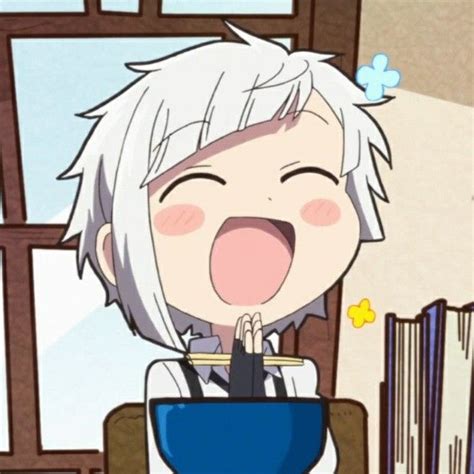An Anime Character With White Hair Sitting At A Table