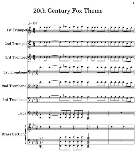Th Century Fox Theme Sheet Music For Trumpet Trombone Tuba Brass Section