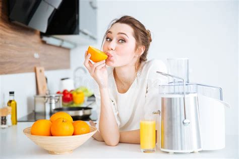 Cute Charming Woman Making Juice And Eating Oranges Stock Image Image