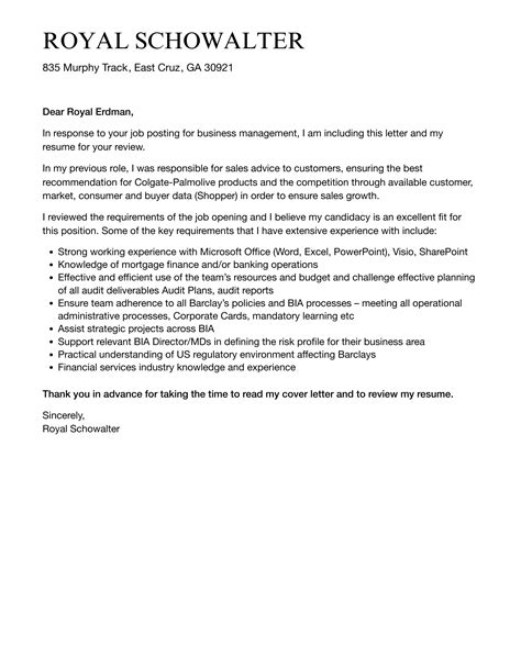 Business Management Cover Letter Velvet Jobs