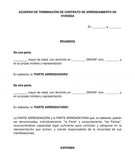 Acuerdo De Terminación De Un Contrato De Arrendamiento