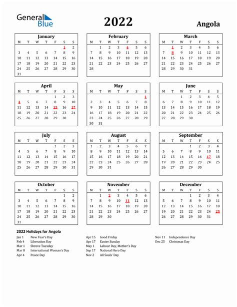 Free Printable 2022 Angola Holiday Calendar