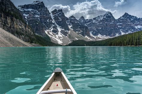 Canoeing Towards The Valley Of Ten Peaks On Moraine Lake Canadian