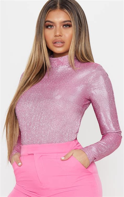 Berry High Neck Glitter Bodysuit Tops Prettylittlething