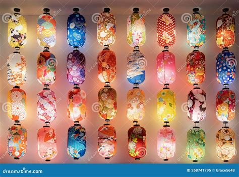 Various Types Of Colorful Japanese Lanterns Hanging On The Wall Stock