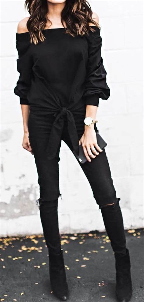 Black Shoulderless Sweater Skinny Jeans Black Ankle Boots