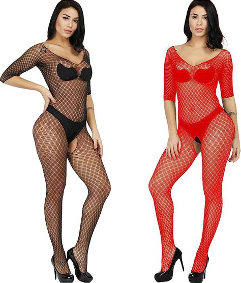 Lovelybobo Pack Womens Fishnet Long Sleeve Bodystockings Striped