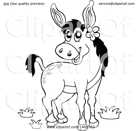 Clipart Of A Black And White Happy Donkey Wearing A Flower Royalty