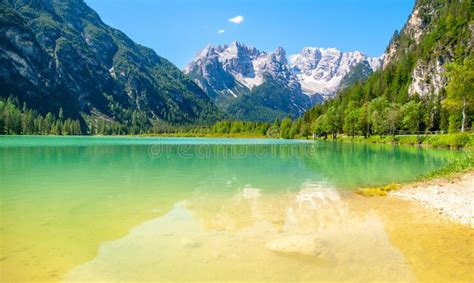 Turquoise Water Of Lago Di Landro Durrensee And Beautiful Mountains