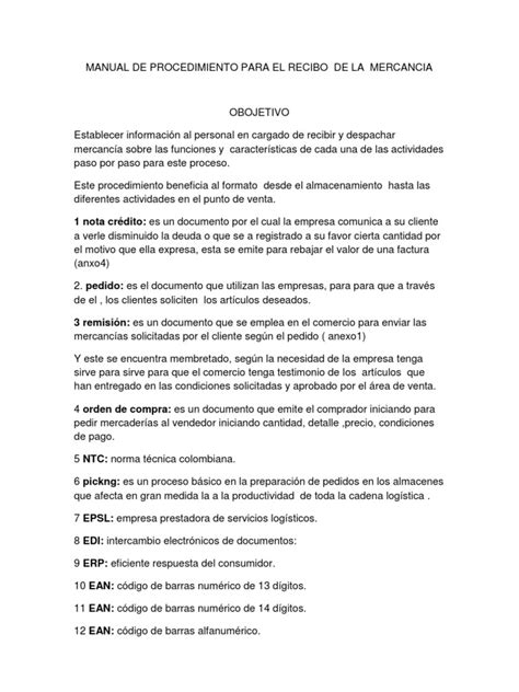 Manual De Procedimiento Para El Recibo De La Mercancia 1docx Aljo