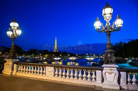 Illuminated Bridges Pont Alexandre III Over River Seine and View To