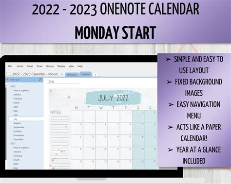 2022 2023 Onenote Calendar Monday Start Dated Digital Calendar