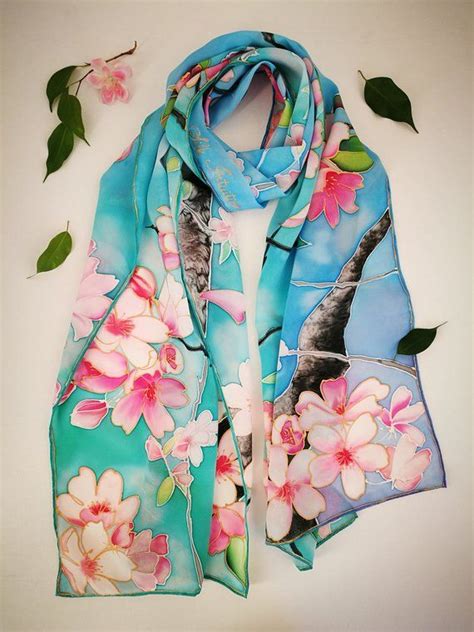 Cherry Blossom Silk Scarf Sakura Wrap Floral Silk Shawl Blue Turquoise Mint Pink Scarf Hand