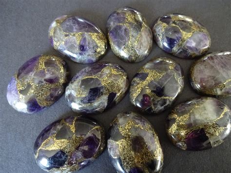 30x22mm Natural Gold Lined Amethyst Cabochon Oval Cabochon Polished