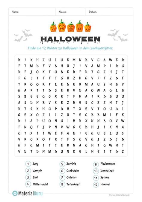 Suchsel für den unterricht erstellen leicht gemacht: Ein kostenloses Arbeitsblatt zu Halloween, auf dem die ...