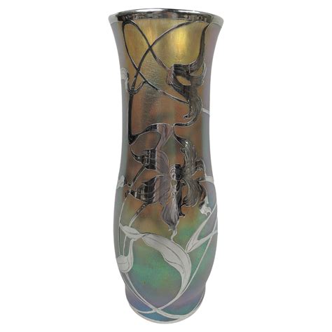 Austrian Loetz Iridescent Art Nouveau Glass Vase Sterling Overlay For