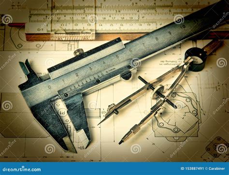 Engineering Tools On Technical Drawing Stock Image Image Of Education