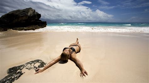 Wallpaper Armpits Women Bikini Black Bikinis Beach Wet Body Sand Covered 1366x768