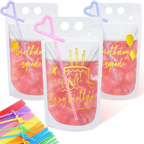 Buy 20 Pcs Birthday Drink Pouch Cups With 20 Straws Plastic Drink
