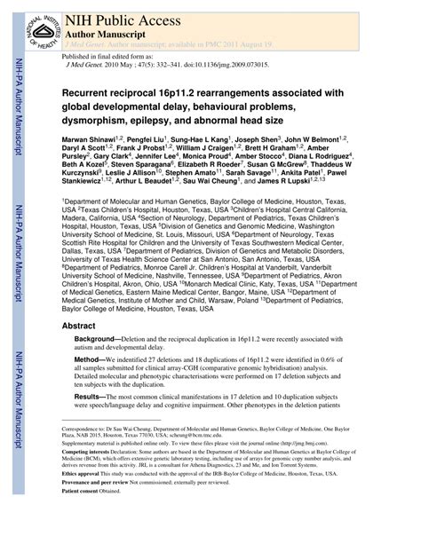 pdf recurrent reciprocal 16p11 2 rearrangements associated with global developmental delay