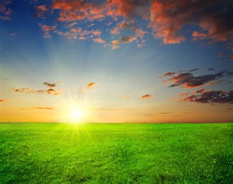 Green Field And Beautiful Sunset Stock Image Image Of Clouds Natural