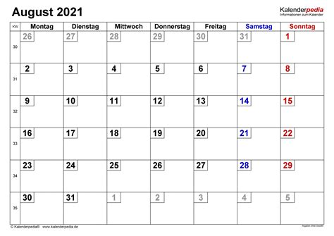 Hälfte mit kalenderwochen und feiertagen. Collect Kalender Monat August 2021 Zum Ausdrucken ...