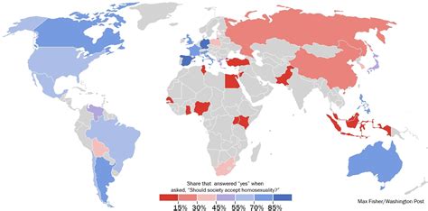 a revealing map of the countries that are most and least tolerant of homosexuality the