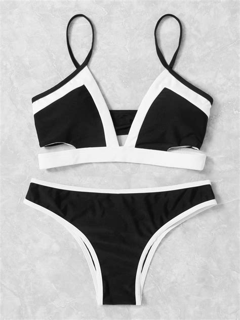 Contrast Trim Top With High Leg Bikini Set Bikinis Black And White