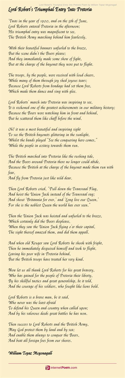 Lord Roberts Triumphal Entry Into Pretoria Poem By William Topaz