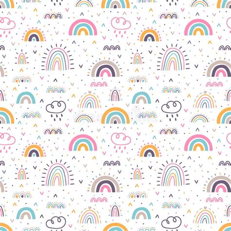 Cute Seamless Pattern With Rainbows Hand Drawn Nursery Design Stock