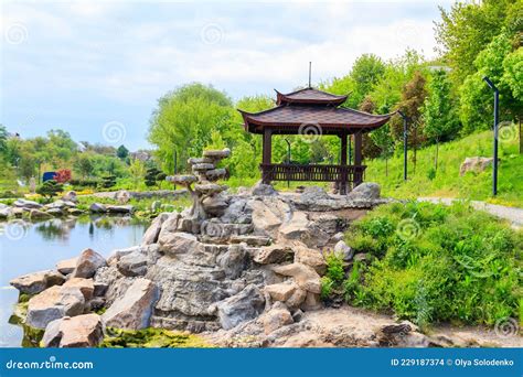 Beautiful Japanese Gazebo By Pond In Japanese Garden Stock Photo