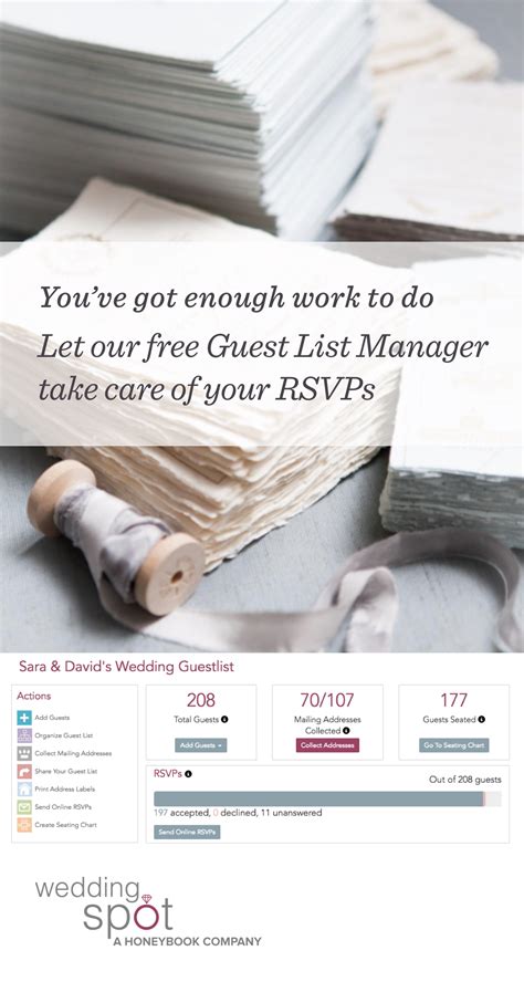 Make a list of the people you care about most. The RSVP manager all brides need. Guests can RSVP in two ...